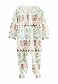 Bodysuit en coton pour bébé de couleur crème avec des ours, des triangles et des arbres à motifs dans des couleurs pastel douces. Il présente une fermeture éclair sur le devant et un design avec pieds.
