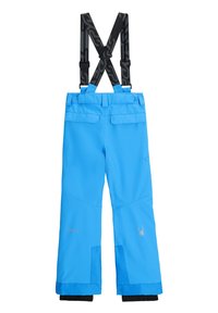 Pantaloni da neve impermeabili blu con bretelle nere regolabili, due tasche posteriori e gambe inferiori rinforzate con polsini elastici.