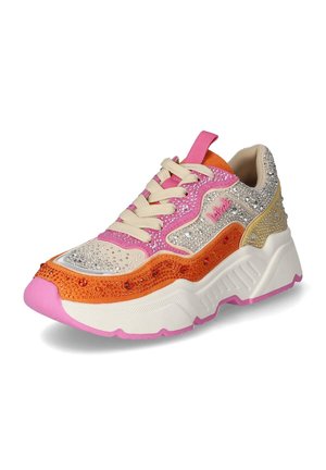 Sporty sneaker featuring a multicolor design with orange, pink, and beige sections, embellished with rhinestones on the upper and a thick white sole.