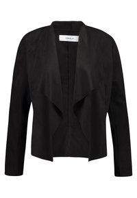 Veste noire à ouverture sur le devant, fabriquée en tissu lisse, avec manches longues et design drapé sans col. Sans attaches ni motifs.