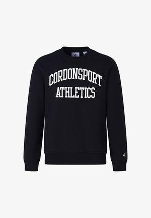 Schwarzer Sweatshirt mit der Aufschrift "CORDONSPORT ATHLETICS" in weißer Schrift auf der Brust, Rundhalsausschnitt, langen Ärmeln und gerippten Bündchen.