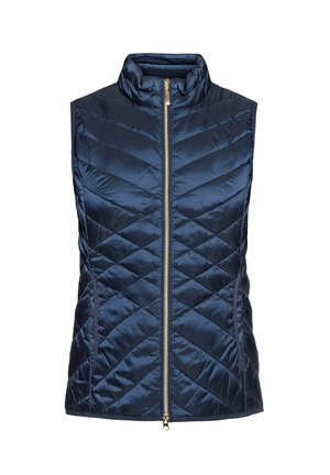 Marineblå, ærmeløs dunvest lavet af skinnende, quiltet stof. Har en høj krave og en forlynlås med gulddetaljer.