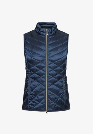 Granatowa, bezrękawnikowa kamizelka puchowa wykonana z połyskującego, pikowanego materiału. Posiada wysoki kołnierz i przedni zamek błyskawiczny z złotymi elementami.
