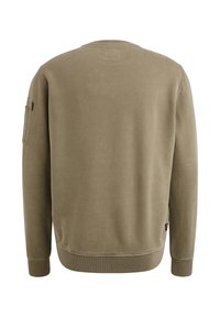 Olijfgroen sweatshirt met een ronde hals, ribgebreide manchetten en een zak op de linkermouw. Zachte textuur, casual ontwerp en geen zichtbare patronen.
