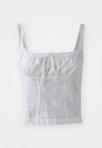 Top bianco senza maniche con corpetto arricciato, bordo in pizzo lungo il collo e un dettaglio a fiocco sul davanti. Realizzato in un tessuto morbido e leggero.