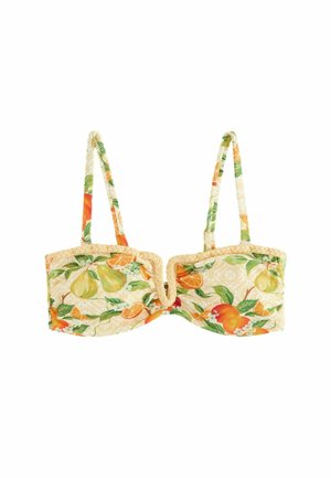 Haut de bikini avec bretelles ajustables, en tissu texturé, arborant un motif coloré de fruits comprenant des poires, des oranges et des feuilles.