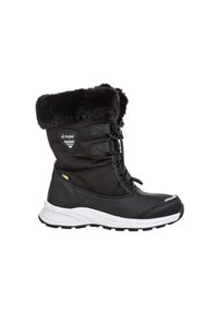 Botte de neige noire avec bordure en fausse fourrure, tige en nylon, design à lacets et semelle blanche en caoutchouc. Présente un logo sur le côté et des coutures durables.