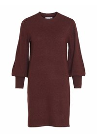 Burgundská pletená šaty s dlouhými, vykročilými rukávy a žebrovanými manžetami. Vyrobeno z měkké látky, má kulatý výstřih a volný střih.