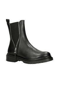 Černá kožená kotníčková bota s bočním zipem a elastickými panely; silná gumová podrážka; hladká textura a minimalistický design.