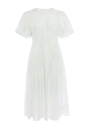 Vestito midi bianco con maniche corte a palloncino, vita arricciata, scollo rotondo e motivo floreale azzurro chiaro sottile.