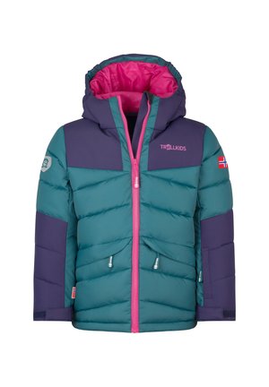 Puffjacke in Türkis und Lila mit einer rosa Innenfutter, ausgestattet mit einer Kapuze, einem Frontreißverschluss und dekorativen Logos. Entwickelt für Wärme und Komfort.