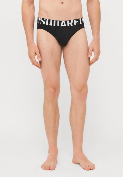 Black cotton men's briefs with a white branded waistband, featuring a classic design and snug fit, smooth texture, and minimal seams.