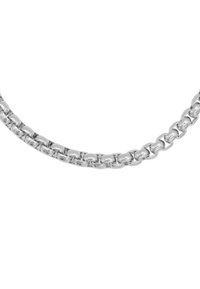 Collana in metallo argento con maglie ovali intrecciate e finitura lucida. Texture liscia, forma uniforme lungo tutta la sua lunghezza.
