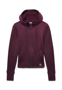 Felpa con zip color bordeaux presenta un cappuccio con cordino, due tasche frontali e polsini a costine. Realizzata in tessuto morbido con una sottile lucentezza.
