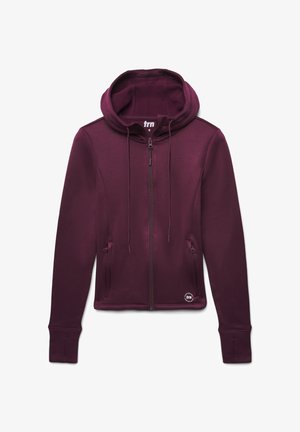 Burgundowa bluza z kapturem na zamek błyskawiczny ma regulowany kaptur, dwie przednie kieszenie i ściągacze przy mankietach. Wykonana z gładkiego materiału o subtelnej połysku.