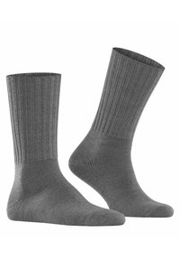 Calcetines de algodón grises con textura acanalada, diseño hasta la rodilla, talón y punta reforzados, acabado suave y color uniforme en toda su extensión.