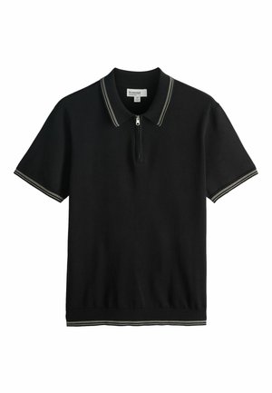 Black short-sleeve polo shirt with zipper, white double stripes on collar, sleeve cuffs, and hem, size medium.