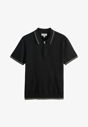 Black short-sleeve polo shirt with zipper, white double stripes on collar, sleeve cuffs, and hem, size medium.