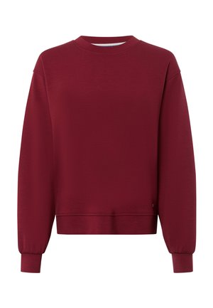 Bordeaux Sweatshirt aus weichem Stoff, mit rundem Rundhalsausschnitt, herunterhängenden Schultern und gerippten Bündchen. Einfaches Design ohne Muster.