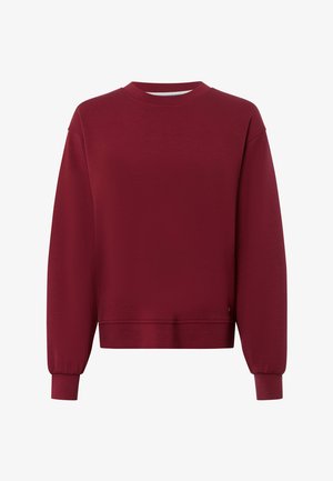 Bordeaux Sweatshirt aus weichem Stoff, mit rundem Rundhalsausschnitt, herunterhängenden Schultern und gerippten Bündchen. Einfaches Design ohne Muster.