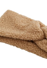 Beidzīgs teksturēts matu lentes, kas izgatavota no mīksta, cirtainā auduma. Iezīmējas ar pagrieztu dizainu priekšā, ar mājīgu un siltu izskatu.