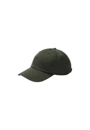 Gorra de béisbol de algodón verde oscuro, con visera curva, correa ajustable en la parte trasera y logo bordado en la parte frontal.