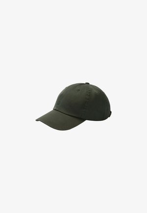 Gorra de béisbol de algodón verde oscuro, con visera curva, correa ajustable en la parte trasera y logo bordado en la parte frontal.