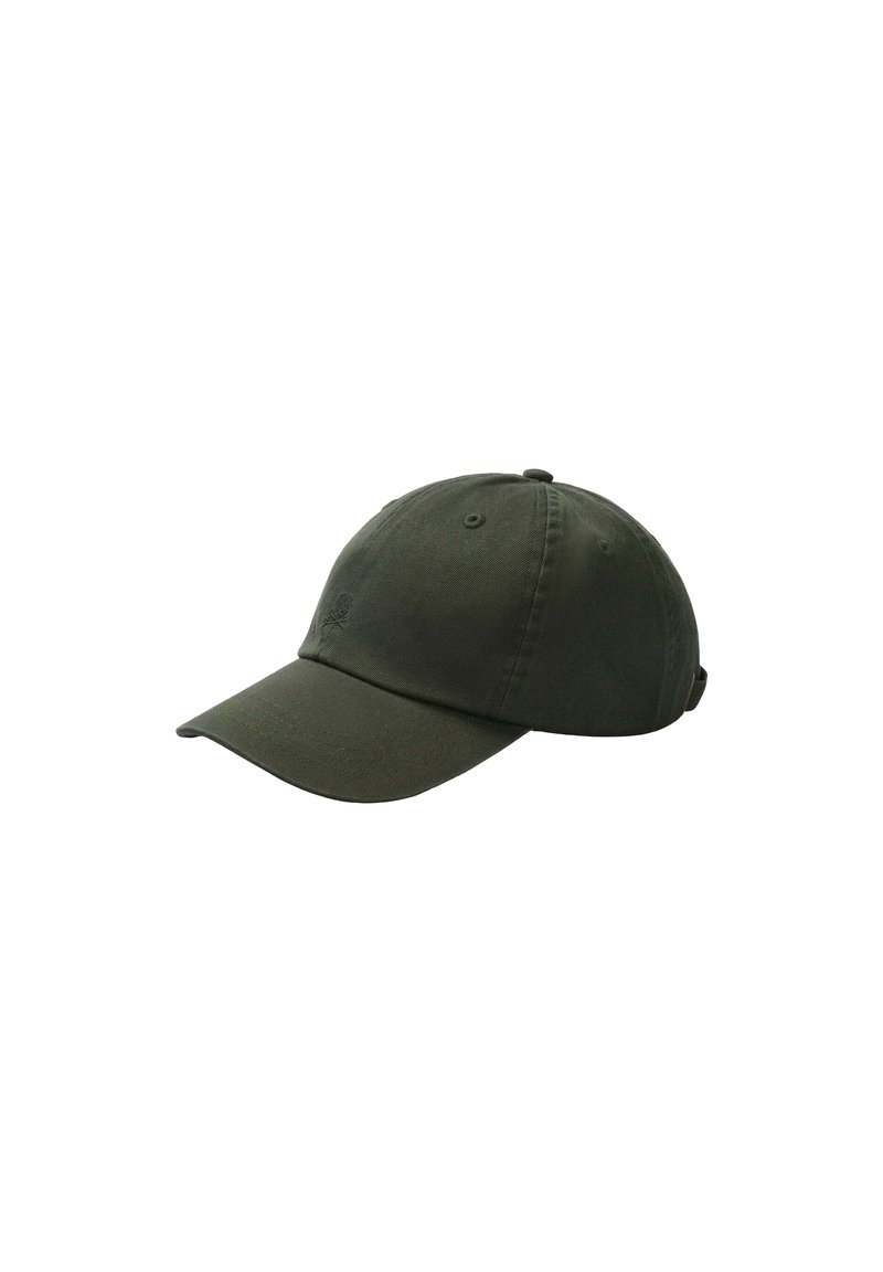 Mørkegrøn, bomulds baseballcap med en buet skygge, justerbar rem bagpå og broderet logo foran.