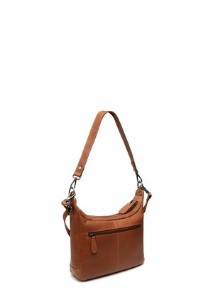 Brown leather shoulder bag with a smooth texture, adjustable strap, front zip pocket, and simple, curved design.