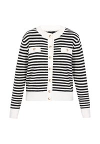 Zwart-wit gestreepte cardigan met een ronde hals, knopen aan de voorkant, twee borstzakken en decoratieve knopen. Zachte gebreide textuur.