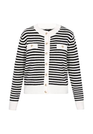 Čierno-bielo pruhovaný kardigán s okrúhlym výstrihom, zapínaním na gombíky, dvoma náprsными vreckami a dekoračnými gombíkmi. Mäkká pletenina.
