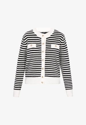 Czarny i biały kardigan w paski z okrągłym dekoltem, z przodu na guziki, z dwoma kieszeniami na piersi oraz ozdobnymi guzikami. Miękka dzianinowa faktura.