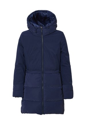 Cappotto lungo imbottito blu navy con una grande cappuccio, zip frontale e design trapuntato sulle maniche e sulla parte inferiore per garantire calore.