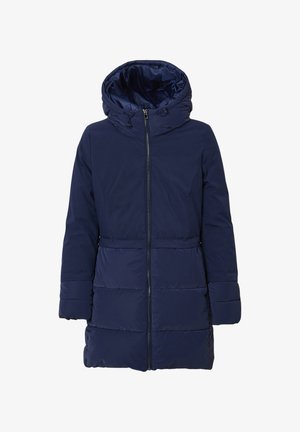 Cappotto lungo imbottito blu navy con una grande cappuccio, zip frontale e design trapuntato sulle maniche e sulla parte inferiore per garantire calore.