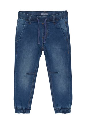 Calças jogger em ganga azul com cintura com cordão, punhos elásticos e bolsos laterais, da coleção MimyMo Denim.