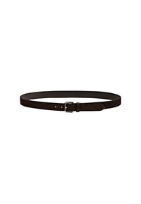 Ceinture en cuir marron avec une finition lisse, des bords arrondis, une boucle en métal argenté et des trous de réglage tout au long de sa longueur.