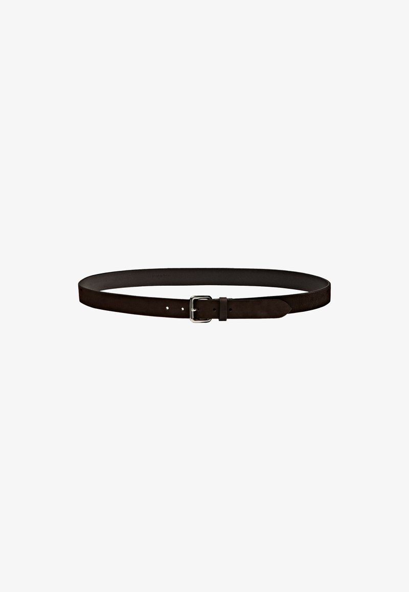 Brown leather belt with a smooth finish, rounded edges, silver metal buckle, and adjustment holes throughout its length.