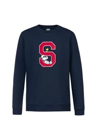 Sweatshirt bleu marine avec une grande lettre rouge "S" à l'avant, mettant en scène Snoopy allongé et Woodstock debout au-dessus.