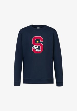 Marineblauwe sweatshirt met een grote rode letter "S" op de voorkant, met Snoopy die ligt en Woodstock die erboven staat.