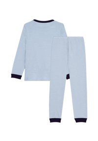 Light blue striped pajama set with long sleeves and pants. Features navy blue cuffs and collar, soft fabric, and a fitted design.