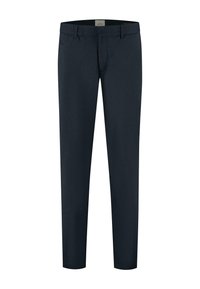 Donkerblauwe broek gemaakt van een gladde stof, met een ritsluiting, rechte pijpdesign en zijzakken.