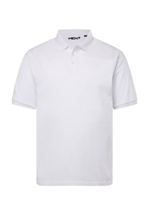 Polo shirt blanc en coton, avec un rabat de deux boutons, des manches courtes et un logo brodé discret sur la poitrine gauche.
