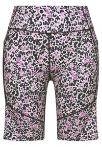 Lederen shorts met luipaardprint in tinten roze, zwart en room, gemaakt van rekbaar materiaal met contrasterende stiksels en platte naden.