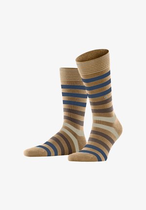 Calzini lunghi fino alla caviglia con strisce orizzontali in tan, blu navy, crema e marrone scuro, mostrati in posizione eretta e affiancati.