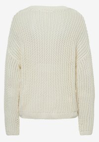 Pull en tricot crème avec un motif texturé lâche, des manches longues et un ourlet côtelé. La vue de dos montre une coupe décontractée et des épaules tombantes.