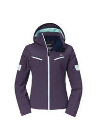 Fialová voděodolná bunda s kapucí, modrou podšívkou, předním zipem, dvěma náprsními kapsami a jednou kapsou na rukávu s reflexním akcentem.