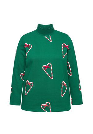 Grøn langærmet turtleneck sweater med candy cane hjerte mønstre i røde accenter og en glat tekstur.