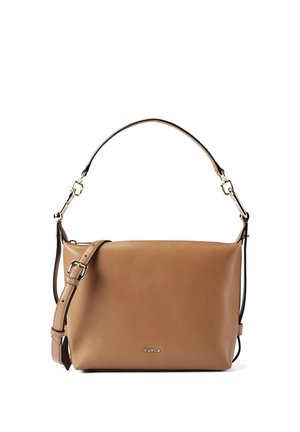 Sac à main rectangulaire en cuir couleur fauve avec poignée courte et sangle ajustable, quincaillerie dorée et logo Furla au centre sur le devant.