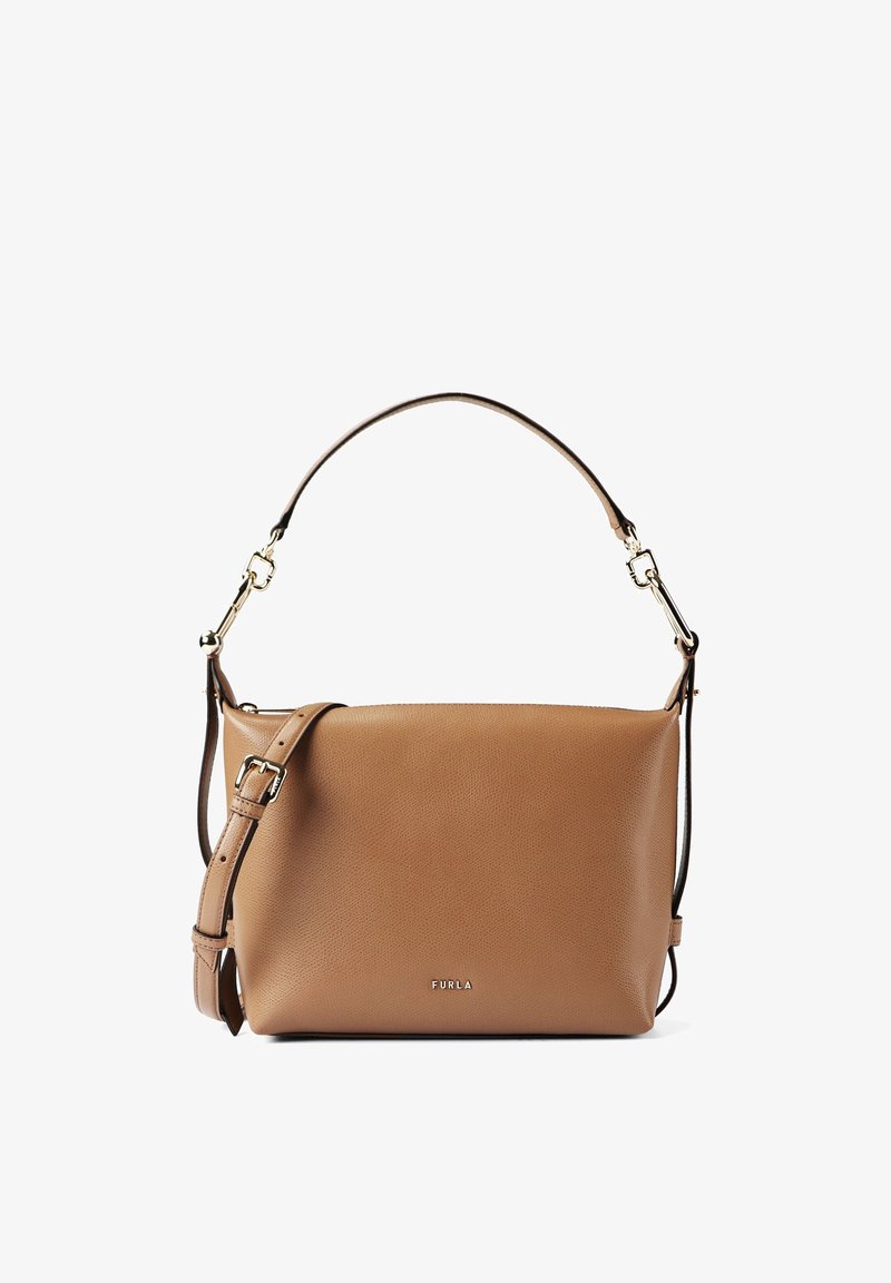 Sac à main rectangulaire en cuir couleur fauve avec poignée courte et sangle ajustable, quincaillerie dorée et logo Furla au centre sur le devant.