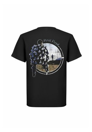 Svart bomull t-skjorte med et grafisk motiv av en figur med et mønstrete kappe, merket "PINK Floyd," omgitt av en hvit kontur.